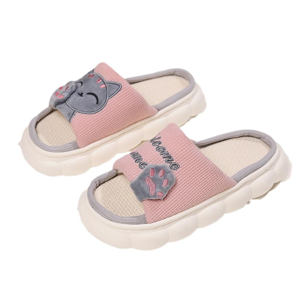 Lucky cat cute linen slippers women's four seasons home indoor thick bottom spring and autumn cotton and linen sandals summer