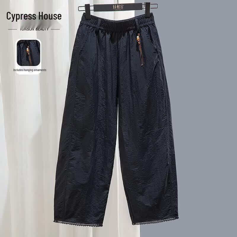 Women s Elastic Waist Flowy Wide-Leg Cropped Pants M