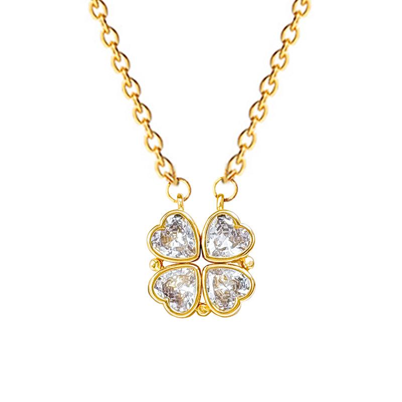 Necklace Women'S New Model, A Two-Wear Heart-To-Heart Open And Closed Four-Leaf Flower Full Diamond Versatile Clavicle Chain Titanium Steel