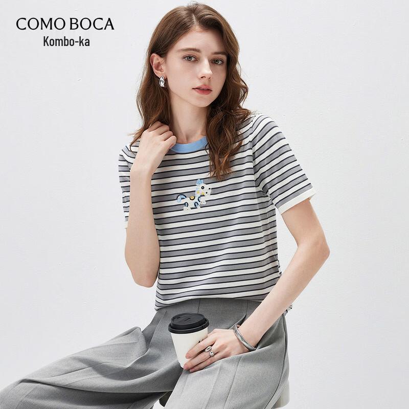Women s Striped Mulberry Silk Blend Cartoon Embroidered Knit T-Shirt 2XL