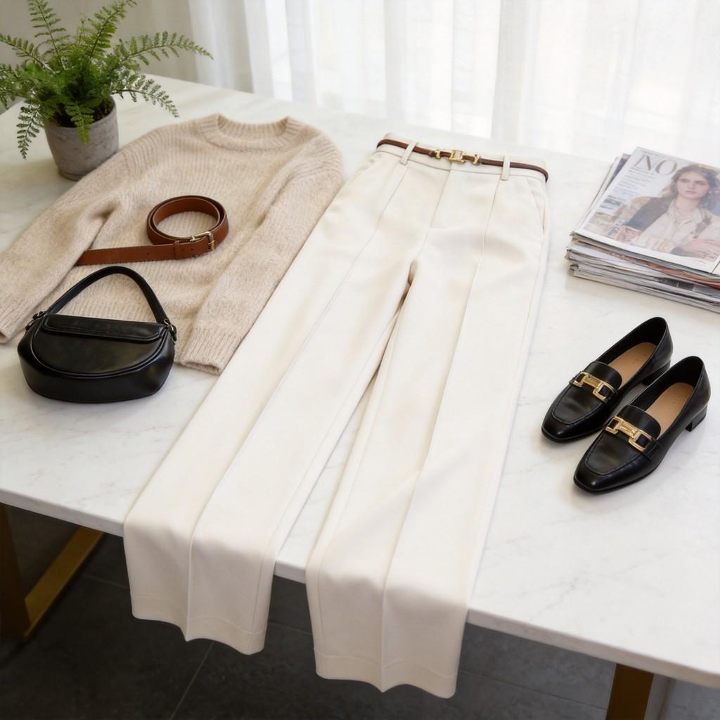 Pantaloni Larghi da Donna in Lana a Vita Alta Vestibilità Larga per Uso Casual Primaverile