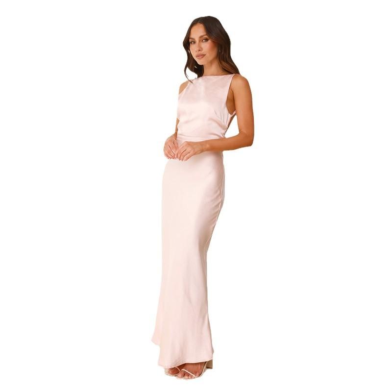 European and American women's clothing long fishtail skirt solid color satin sexy backless suspender dress dress women