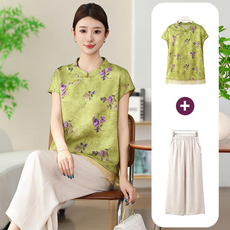 Summer Casual Chinese Style Suit: Diagonal Lapel Top with Frog Buttons for Middle-Aged Women - Lightweight Two-Piece Set