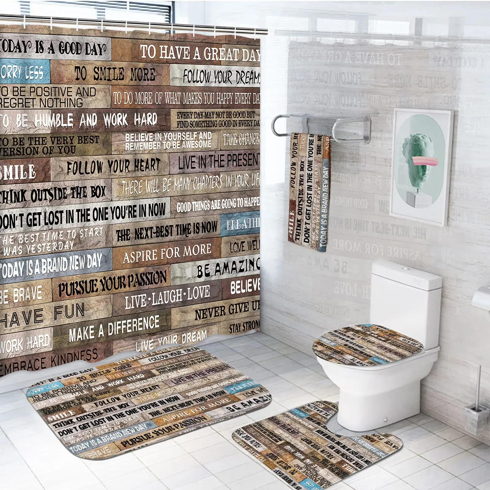 

Inspirational Quotes Shower Curtain Set Rug Toilet Lid Cover Bath Mat Vintage Rustic Bathroom Decor Waterproof Wooden Poster W60H190(CM)-1 Pcs