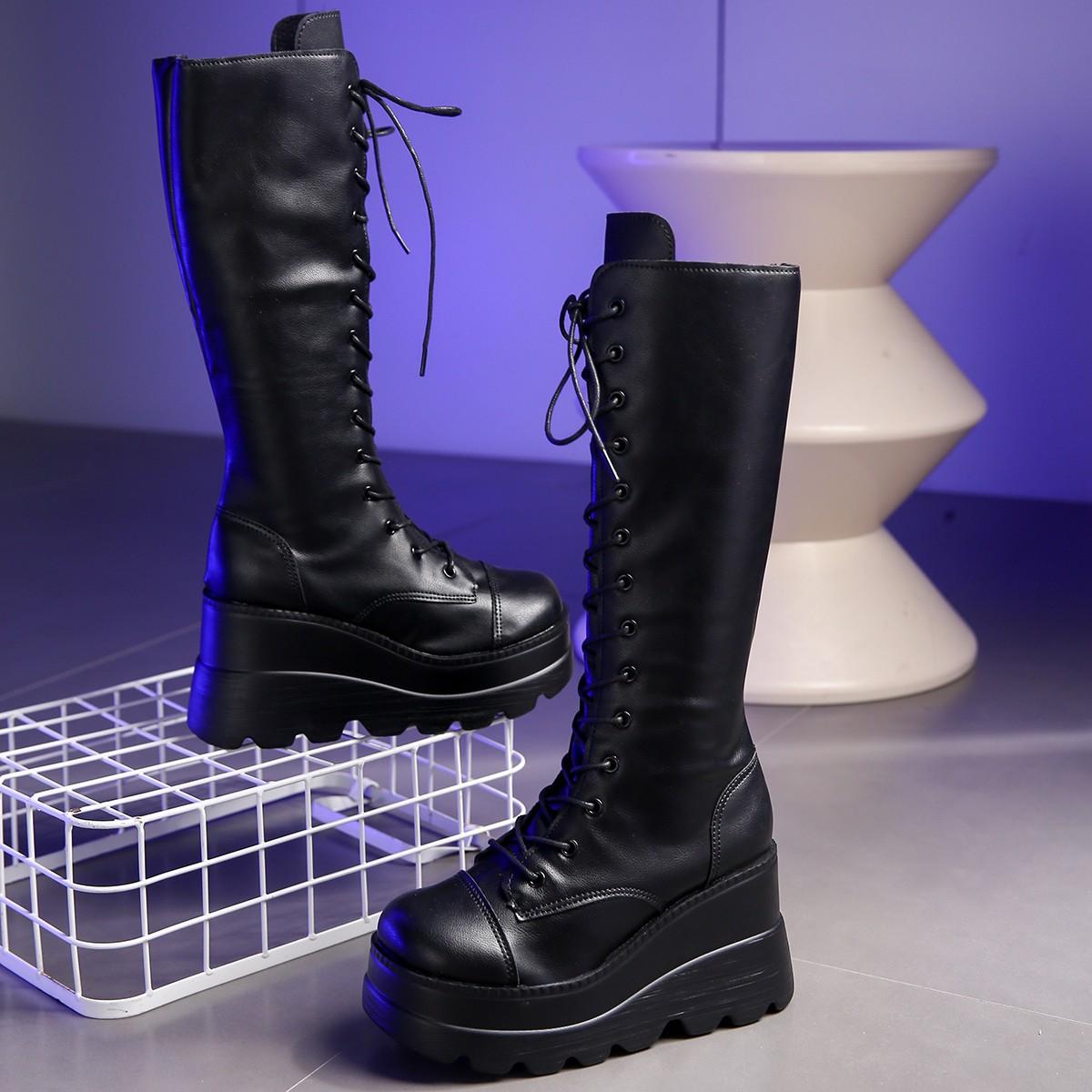 

Boots Women Platform Shoes Punk Goth Lolita High Heels Winter Rain Combat Military Wedge Leather Black New Rock Clearance Offers 35