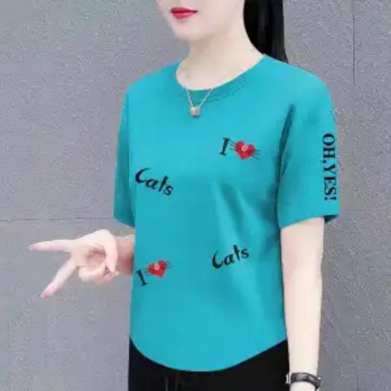 Summer Women's Cute Heart Letter Print Crew Neck Tee Casual Loose Short Sleeve T-Shirt