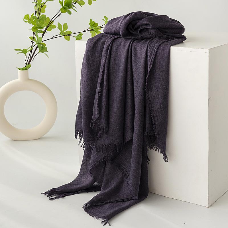 Gray Cotton and Linen Silk Scarf Solid Color Japanese Beach Silk Scarf Long High-end Shawl Retro Raw Edge Gauze Scarf