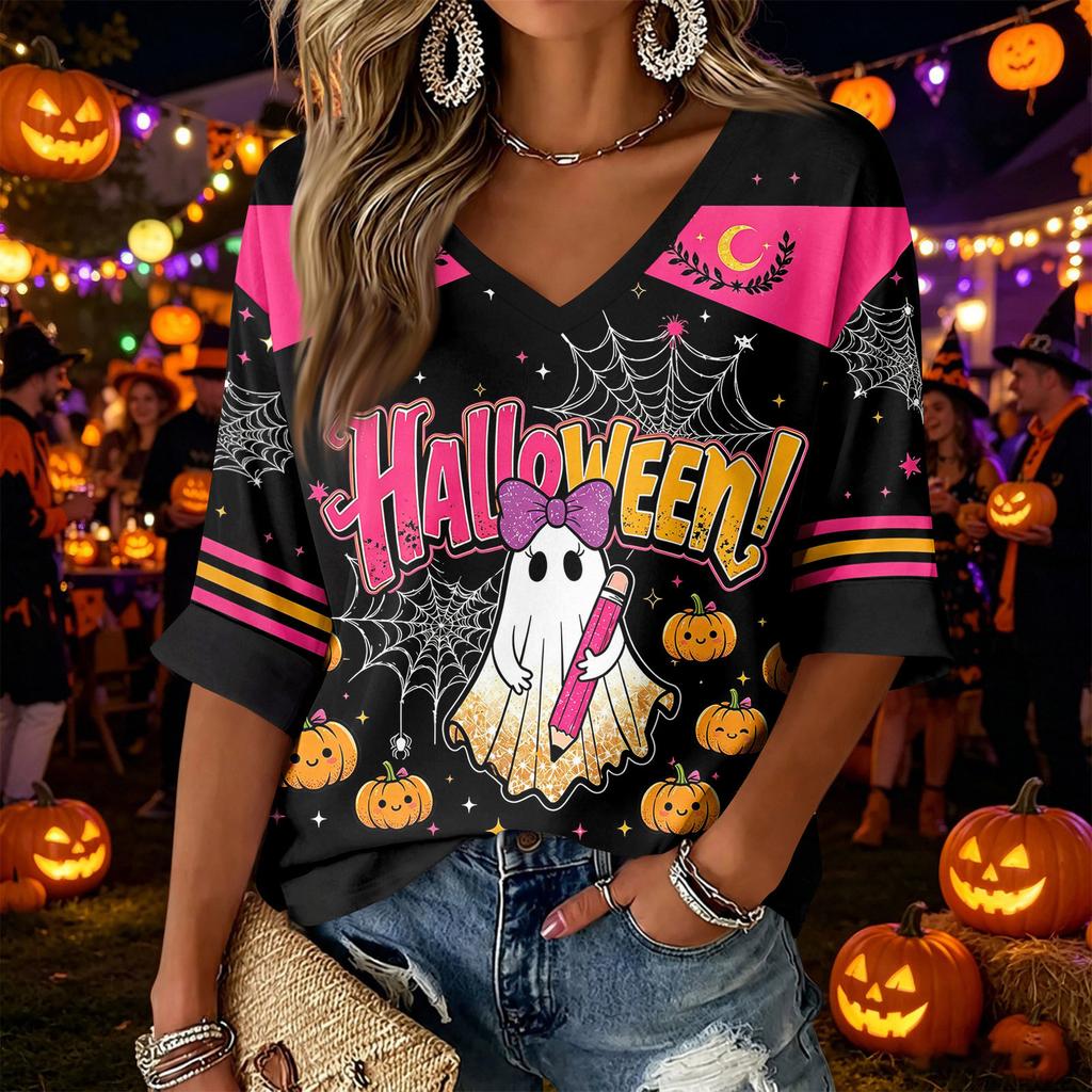 Women's Casual Fashion Three-Quarter Sleeve V-Neck Top with Halloween Print