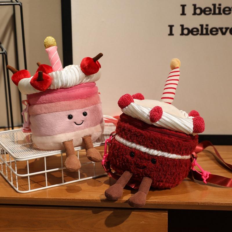 Creative Pink Cherry Cake Backpack Cream Fruit Cake Plush Bag Toy Simulation Kids Baby Birthday Cake Doll Gifts Home Decoration