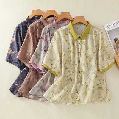 Floral Cotton and Linen Shirt Women's 2025 Summer New Retro Casual Single-breasted Lapel Short-sleeved Cardigan Top