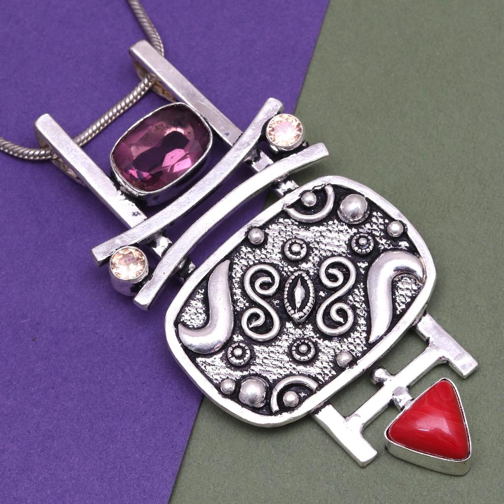 Rhodonite CoralGemstone Mother's Day Handmade Silver Jewelry Pendant  3.25"