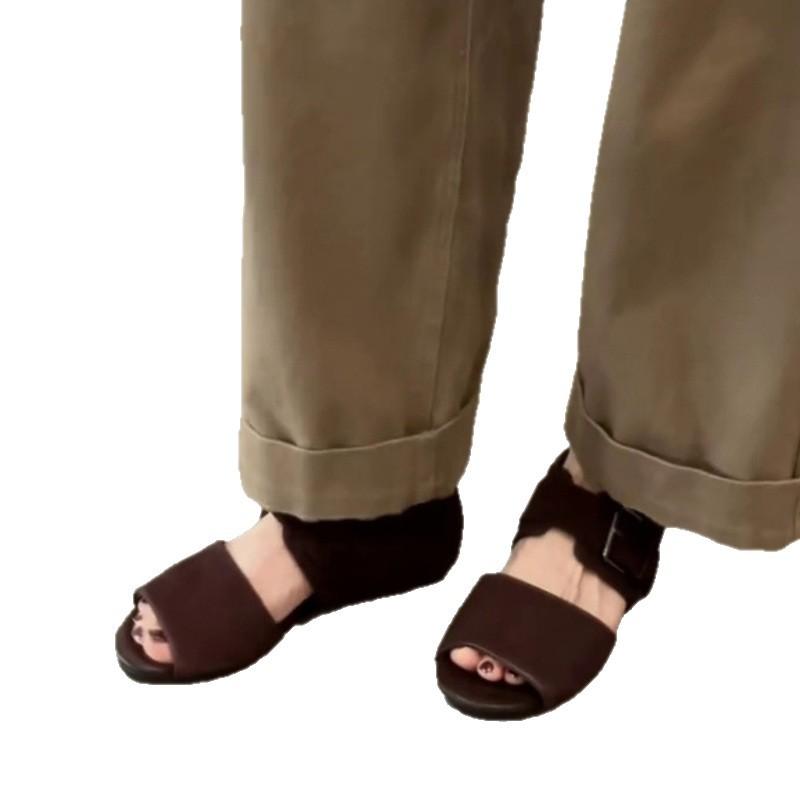 Version peau de mouton~ Sandales d'été pour femmes à bout ouvert rétro français à un bouton, sens du design polyvalent, vacances, sandales romaines