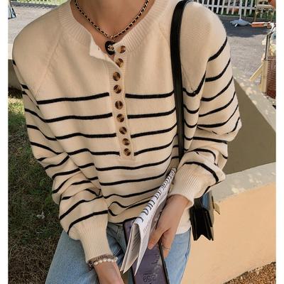 Spring and Autumn Knitted Striped Pullover Sweater Women's Loose Outer O Neck Buttons Casual Simple Long Sleeve Office Tops Simple Female Clothing