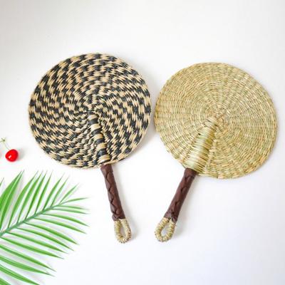 Gift Colorful Striped Patterns Seagrass Woven Fan Vintage Anti-Mosquito Cattail Fan Bohemian Natural Hand Braided Fan Outdoor