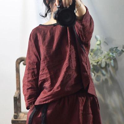 Women Linen Vintage Long Sleeve T-Shirts O-Neck Loose Tops Autumn Solid Color Button Chinese Style T-Shirts