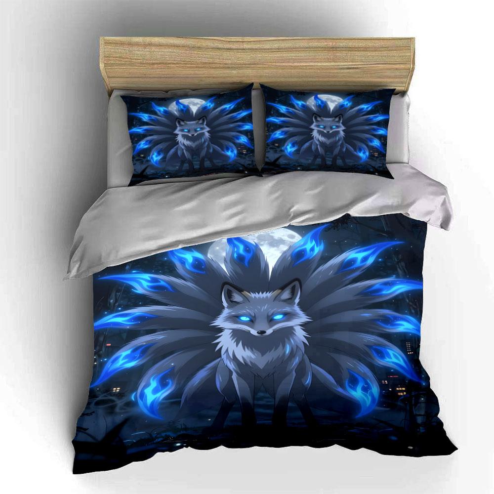 Mystical Blue Nine-Tailed Fox Bedding Duvet Cover Set  (1*Duvet Cover 2*Pillowcases, Without Duvet Insert)