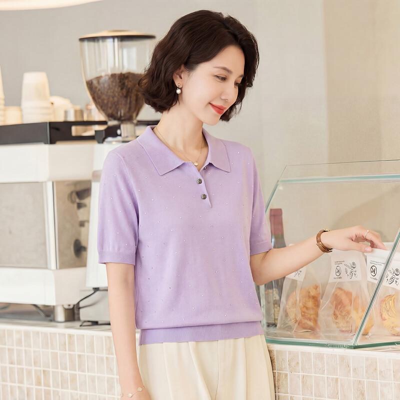 Damen Rhinestone Polo-Strick-T-Shirt mit Seidenmischung