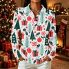 Women's Christmas Print Long Sleeve Button Down Casual Top with Collar and Side Slits