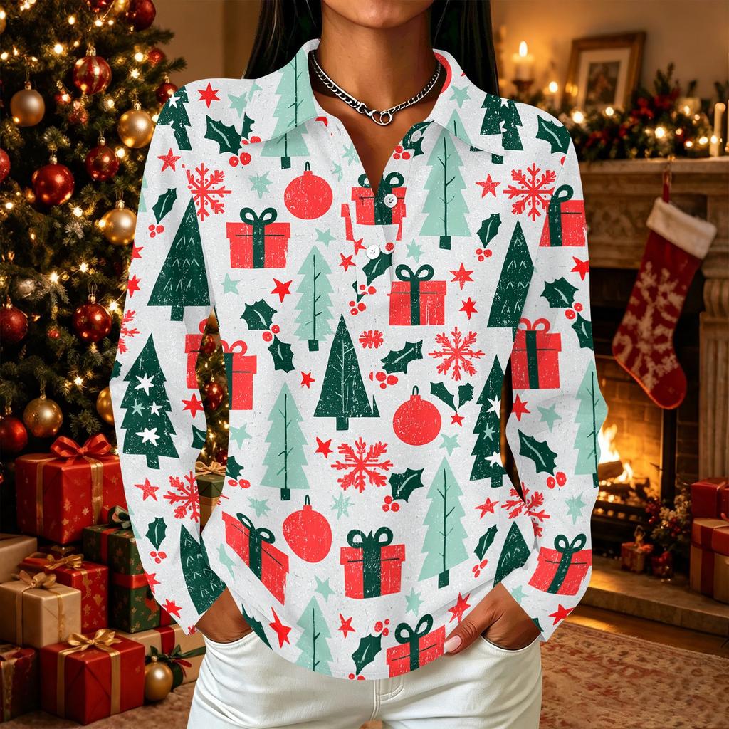 Women's Christmas Print Long Sleeve Button Down Casual Top with Collar and Side Slits