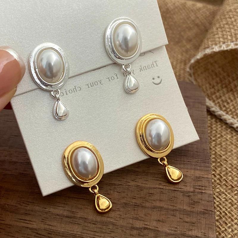 PONYKISS  Silver Geometric Oval Pearl Water Drop Stud Earrings for Women Trendy Fine  Minimalist Accessories
