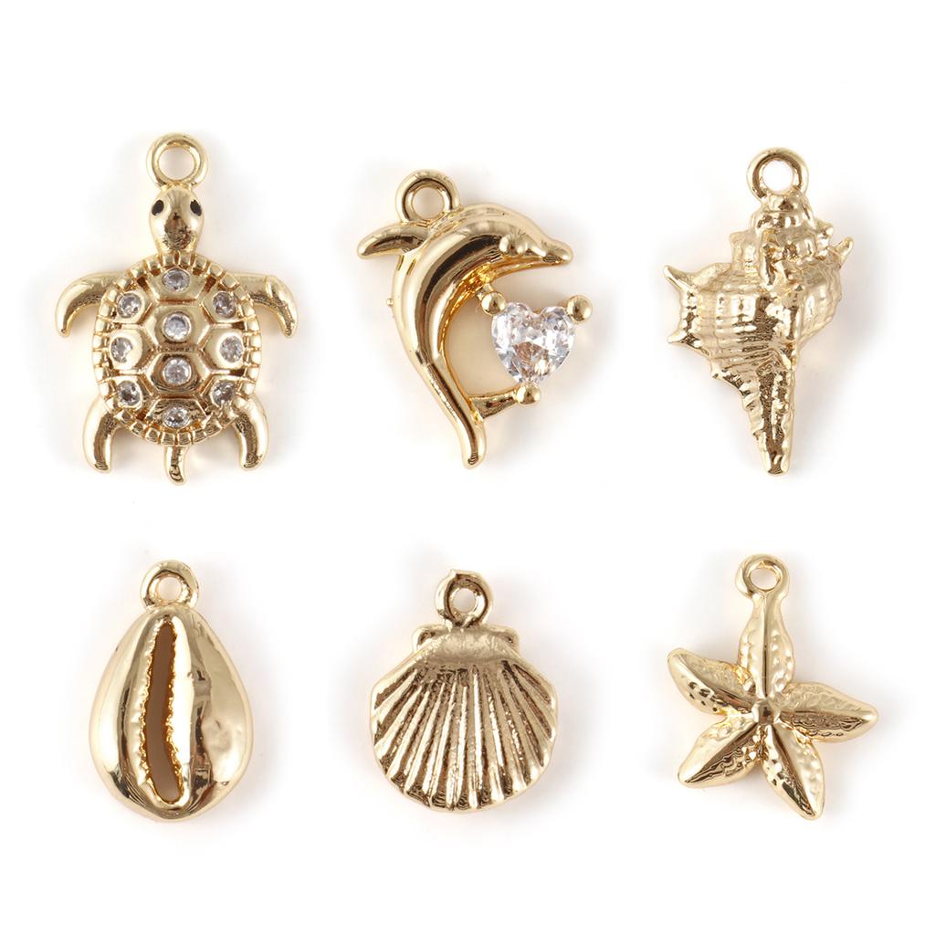 5pcs/set Ocean Shell 3d Brass Charms 18k Gold Plated With Transparent Zircon Marine Brass Pendant Summer Necklace Findings