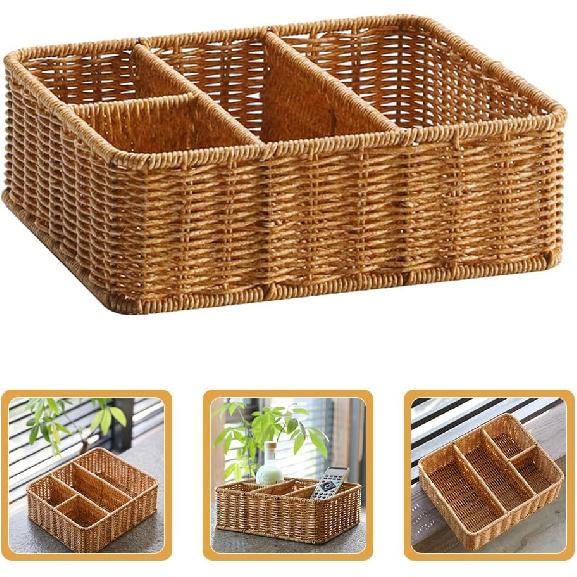 Luxshiny Rectangular Woven Storage Basket with 4 Compartments Table Divided Key Basket Box Wallet Tray Entryway Organizing Utensil Holder for Tissue