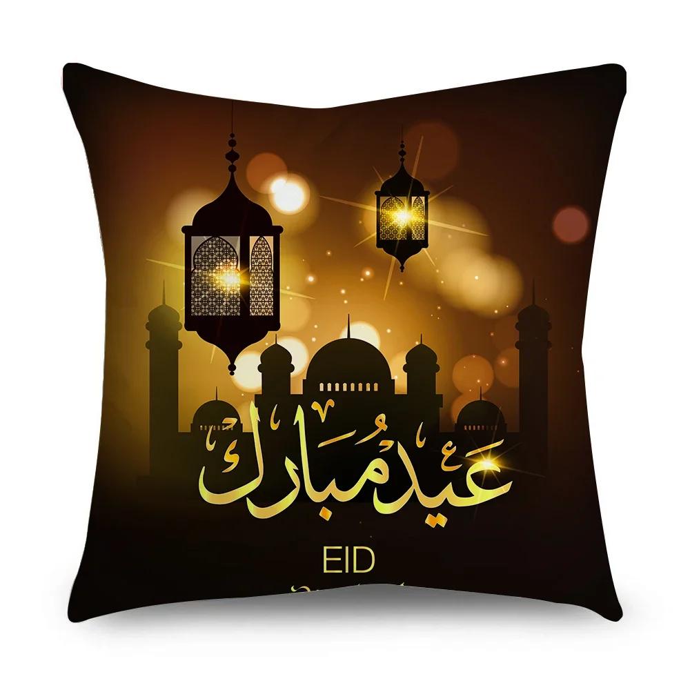Ramadan Cushion Cover Islamic Eid Mubarak Black Gold Pillow Covers Home Decor Sofa Decorative Short Velvet Pillowcase 45cm*45cm