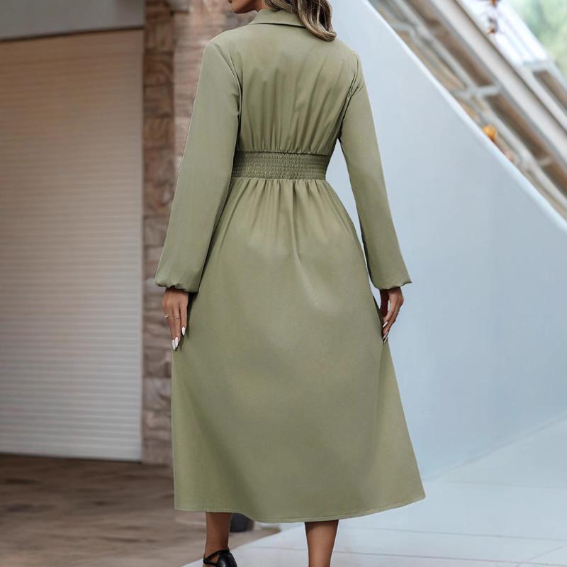 New Autumn Lapel Waisted A-line Skirt Commuter Long-sleeved Button-up Shirt Dress