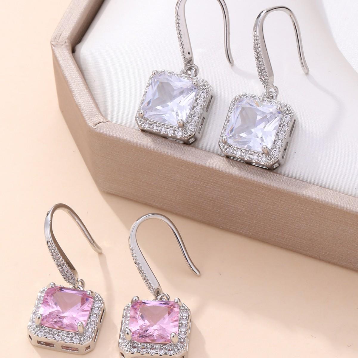 Pomegranate Red Square Zircon Vintage Geometric Earrings - Luxury Classic Dangle Style White