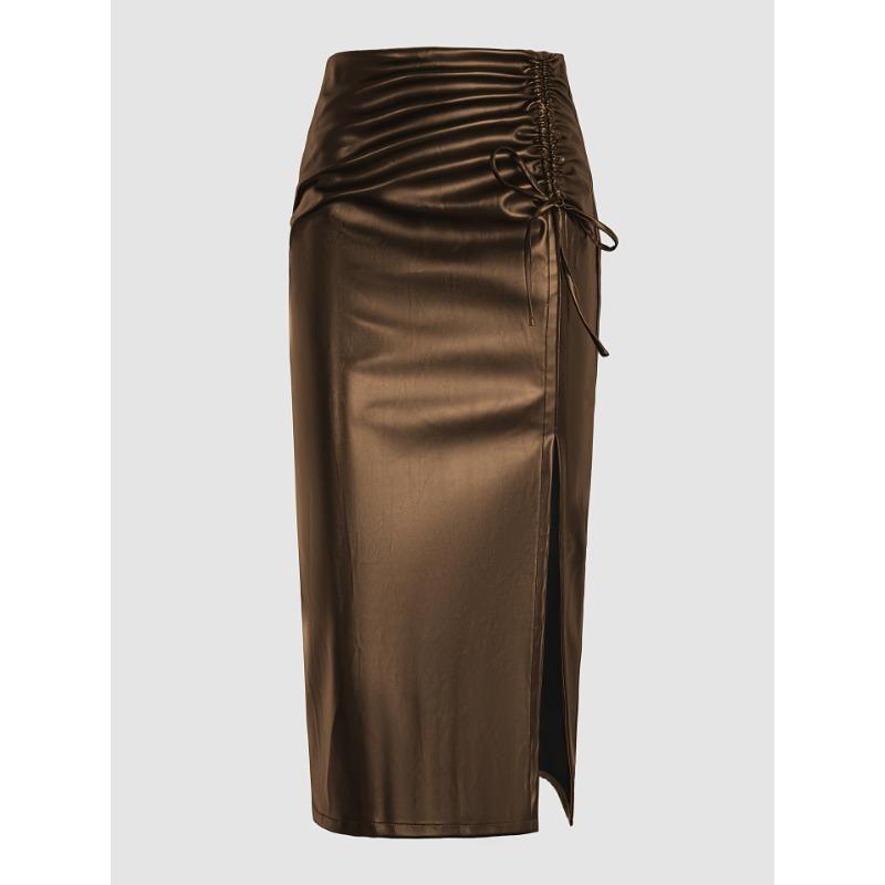 Women's Summer Draw Pleat Tie High Waist A-Line Split Hip Skirt