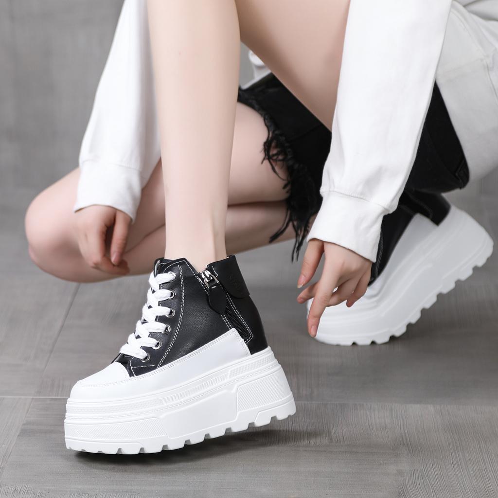 Herbst/Winter Keilabsatz Kurze Stiefel für Damen 10CM Dicke Sohle Seitliches Reißverschlussdesign Versteckte Plateauschuhe für kleine Frauen
