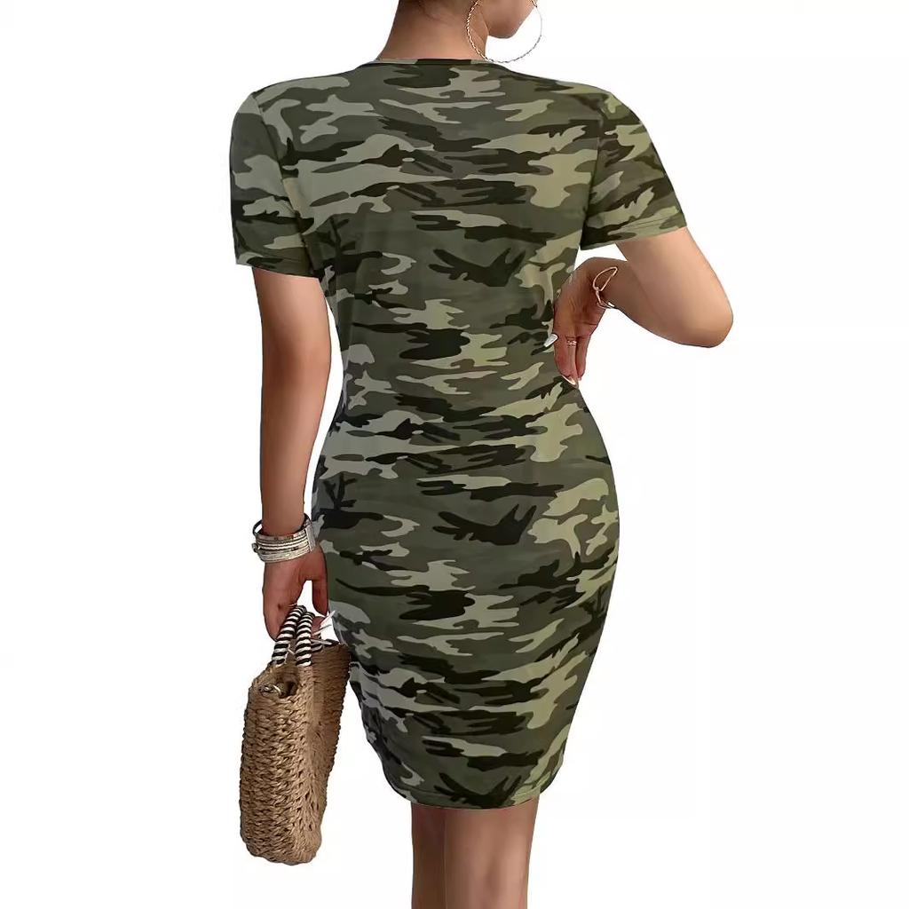 Rochie scurtă de damă, cu mâneci scurte, cu decolteu în V, imprimeu camuflaj, subțire