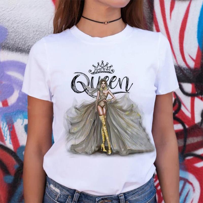 Camiseta de Verano de Cuello Redondo con Estampado 3D de Patrón de Reina, Camisetas de Mujer Casuales de Moda de Manga Corta