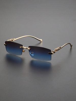 1PC Punk Vintag Fashion Square Rimless Blue Sunglasses With Metal Animal Decor For Outdoor Daily Life Shades Accessories.