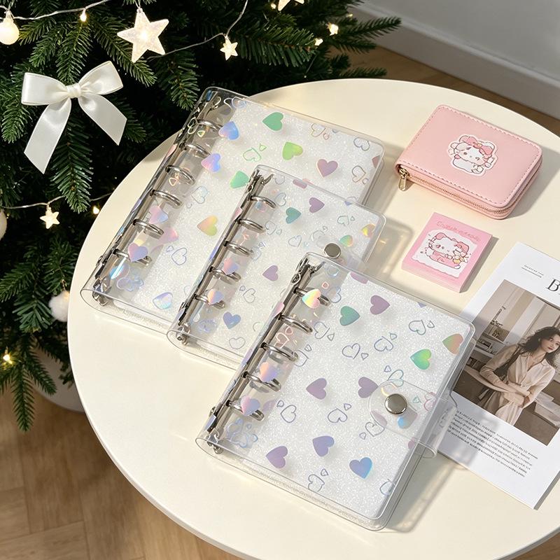 A5A6 Portable Transparent Snap Button Planner Cover with Laser Heart Design, A7M5 Card Holder, and Sticker Storage Album