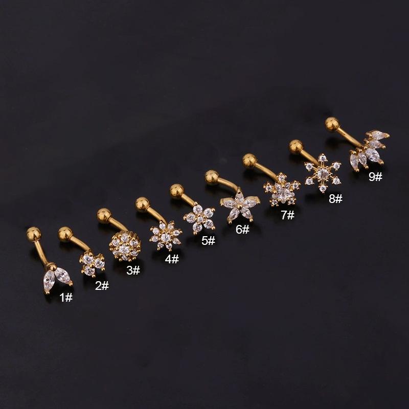 Stainless Steel Zircon Eyebrow Studs: 1.2x6/8mm Curved Rod Cochlear Design