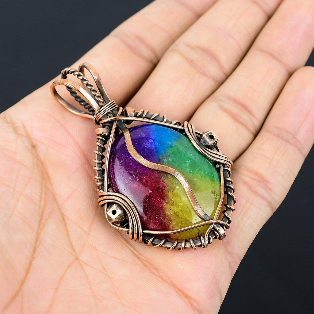 Rainbow Solar Quartz 999 Copper Wire Wrapped Pendant, Handmade Gemstone Pendant Jewelry, Gifts For Wife Brand New Pendant