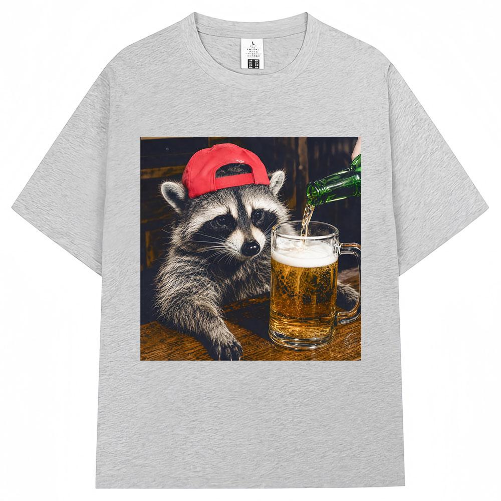 Funny Raccoon Beer Graphic T Shirts Unisex Vintage Fashion Short Sleeve Oversi Casual Summer Tshirts Streetwear