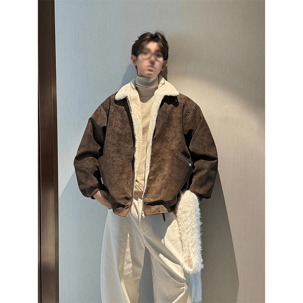Men's American Style Tie-Dye Lamb Wool PU Leather Rivet Jacket