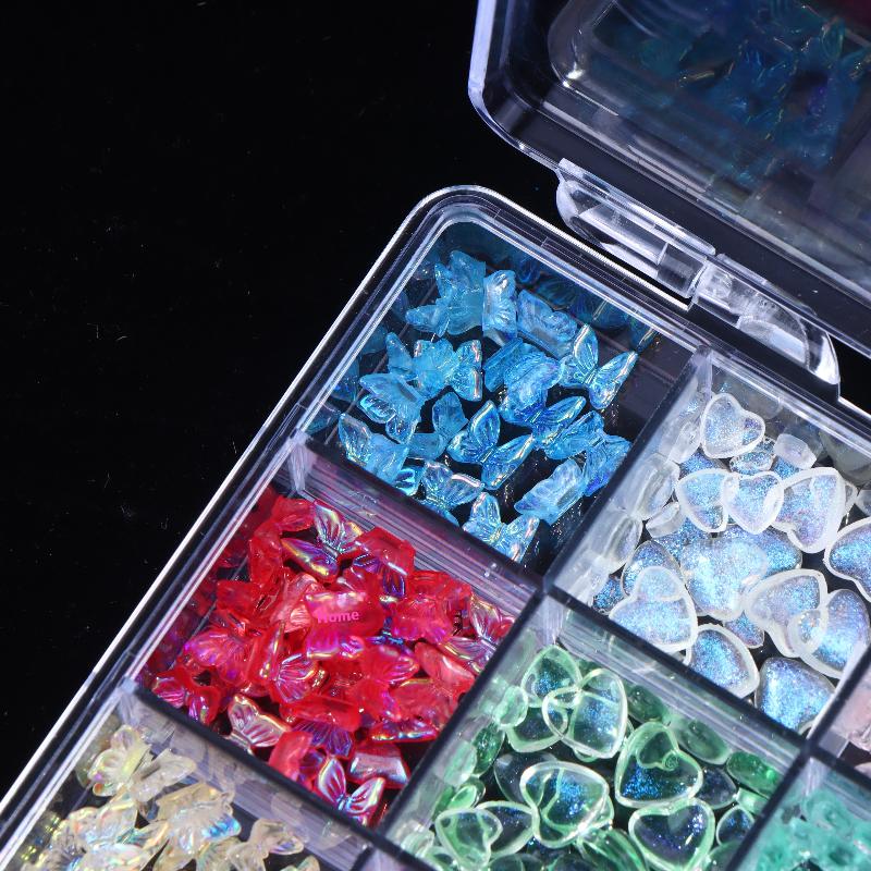 12/15 Grids/Box Mixed Resin Bowknot Nail Charms 3D Colorful Bow  Nail Art Decorations Diy Manicure Parts With Tools