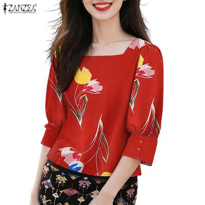 Women Casual Square Collar Summer 3/4 Sleeve Print Blouse