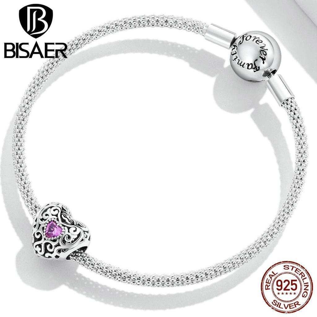 Bisaer Breloc cu inimă cu model Vinatge, inimă goală din argint 925 cu margele de zircon roz pentru femei Brățară Bijuterii fine Cadou