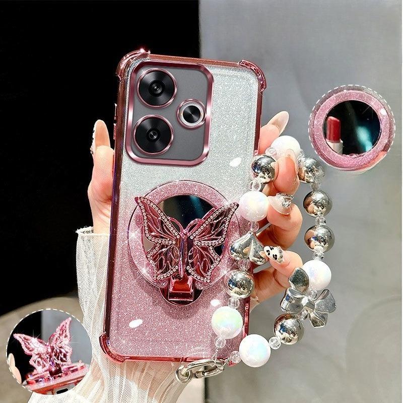 Glitzer Stoßfest Beschichtung Schmetterling Spiegel Armband Hülle Für Xiaomi Redmi Turbo 4 Pro 3 A5 A3 A1 Plus Silikonhülle