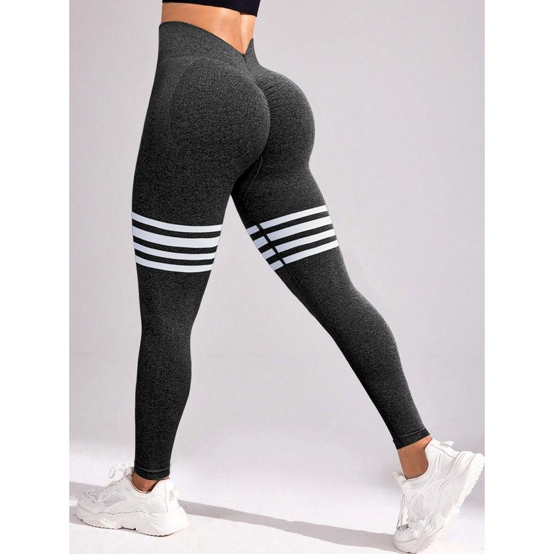 

European and American Sexy Pleat Peach Buttock Lifting Yoga Pants Women Stripe Seamless Tight Sweat pants High Waist Running Fitness Pants Full hemp Ash S