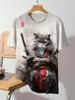 Japanese Ukiyo-e Animal Men's T-shirt with Cute Cat Pattern Print
