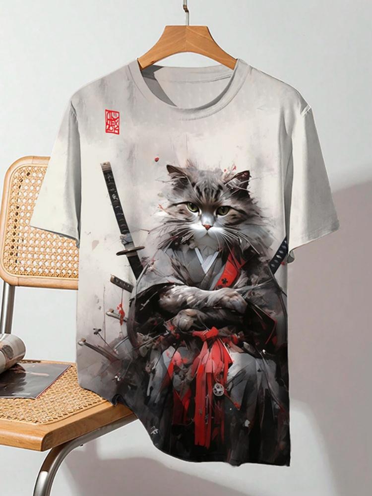 Japanese Ukiyo-e Animal Men's T-shirt with Cute Cat Pattern Print