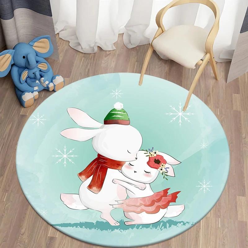 Cartoon Rabbit Girl Animal Flowers Round Carpet Cute Bunny Mouse Circle Rug Home Bedroom Living Room Floor Mat Chair Pad Doormat