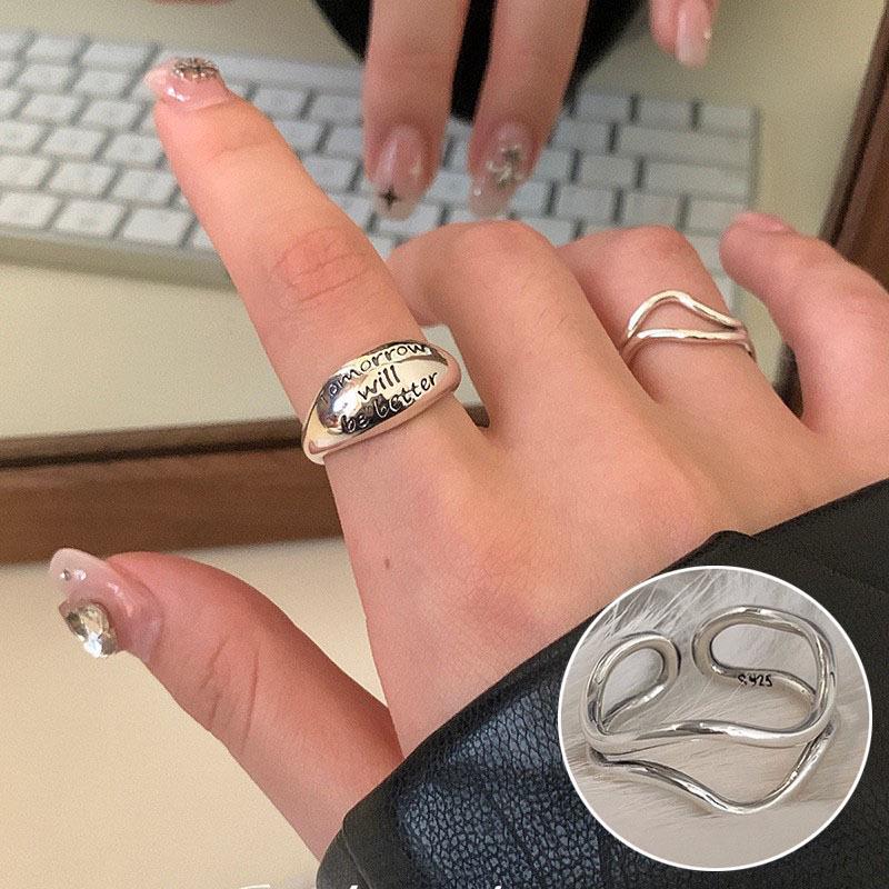 Korean 3D Heart Ring: Women's Retro Wide Band, Fashionable English Letter Open Finger Ring, Hip-Hop Style Index Finger Ring.