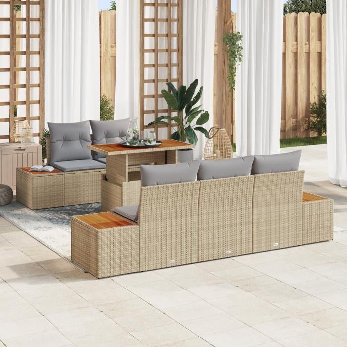 VidaXL Ensemble de Salle à Manger de Jardin 6 Pièces avec Coussins Beige Poly Rattan Acacia 3350027