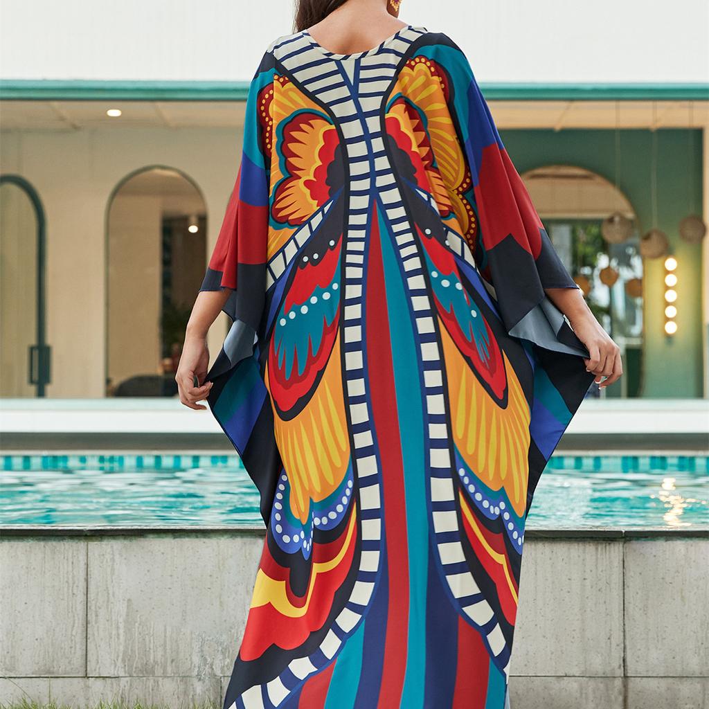 YYFS Damenmode Urlaub Sommer Frühling Mehrfarbig Schmetterlingsdruck Langarm V-Ausschnitt Freizeitkleider